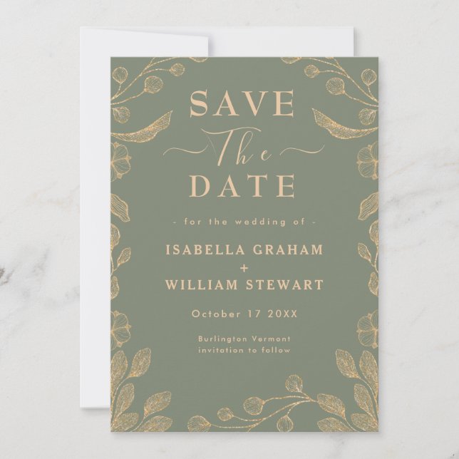 Invitación Romántico Floral Sage Green Botanical Save The Dat (Anverso)