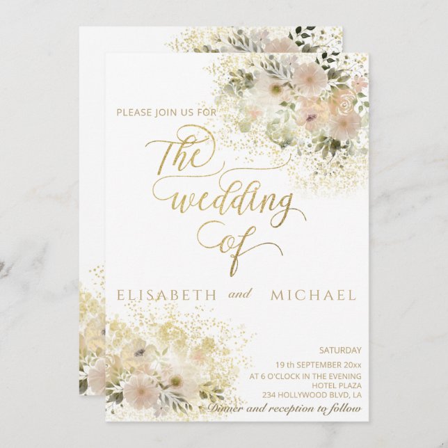 Invitación Romántico floral suave rosa caligrafía dorada (Anverso / Reverso)