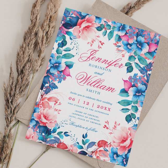 Invitación Romántico Floral Vibrante Blue Pink Elegant Weddin (Romantic Floral Vibrant Blue Pink Elegant Wedding Invitation)