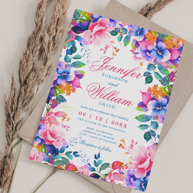 Invitación Romántico Floral Vibrante Rainbow Elegant Wedding (Romantic Floral Vibrant Rainbow Elegant Wedding Invitation)