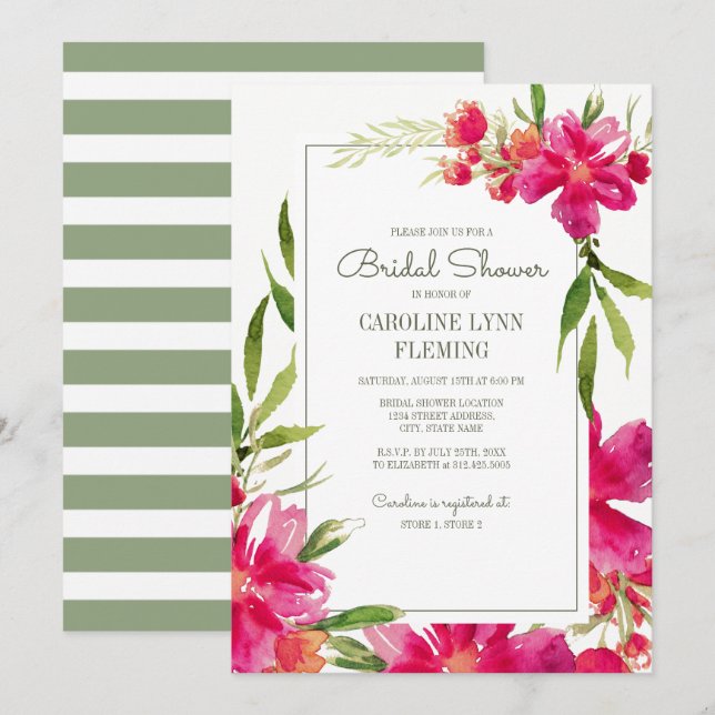 Invitación Romántico Fuchsia Green Floral Bridal Shower (Anverso / Reverso)
