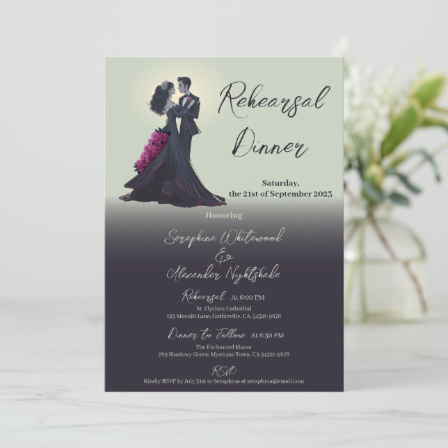 Invitación Romántico Gótico Amantes Boda de cena de ensayo (Anverso de pie)