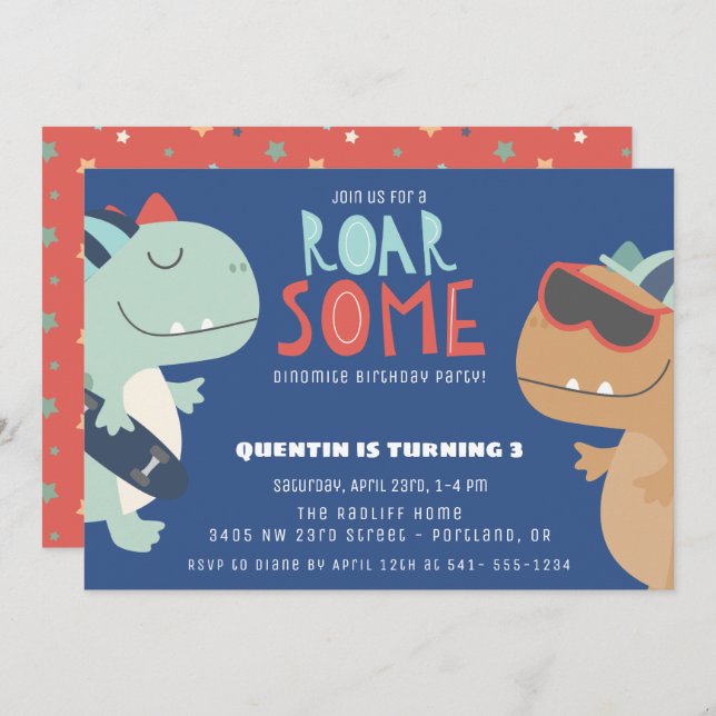 Invitación Romántico Guay Dinosaur Theme Boys fiesta de cumpl (Anverso / Reverso)