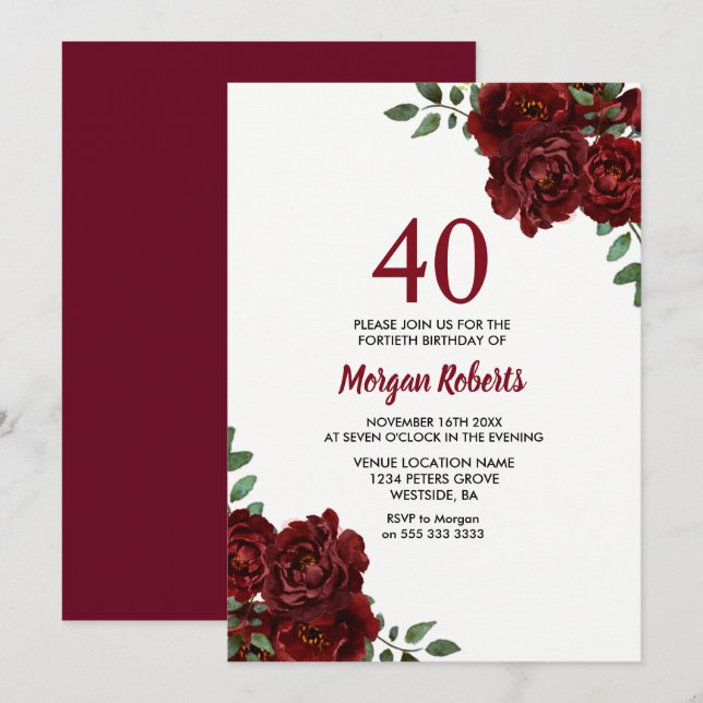 Invitación Romántico Invite de cumpleaños 40 de la Rosa Roja  (Anverso / Reverso)