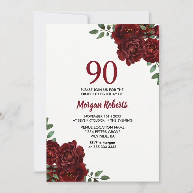 Invitación Romántico Invite de cumpleaños 90 de la Rosa Roja  (Anverso)