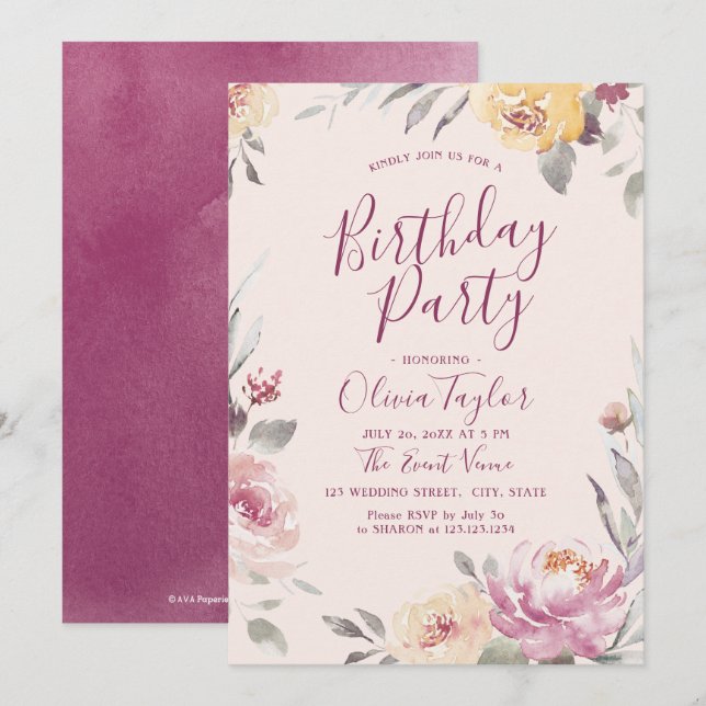 Invitación Romántico jardín acuarela floral fiesta de cumplea (Anverso / Reverso)