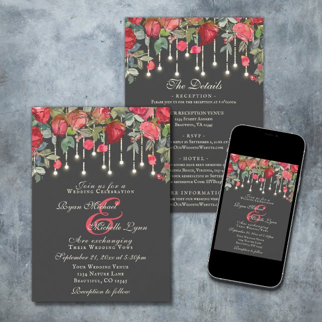 Invitación Romántico Jardín De Rosas Rojas Todo En Un Boda Fl (Subido por el creador)