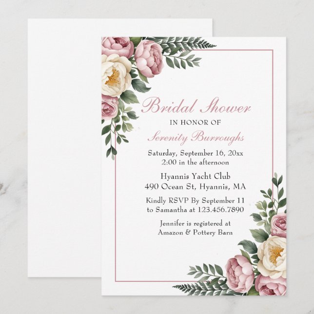 Invitación Romántico Jardín Floral Peony & Rosa Bridal Shower (Anverso / Reverso)