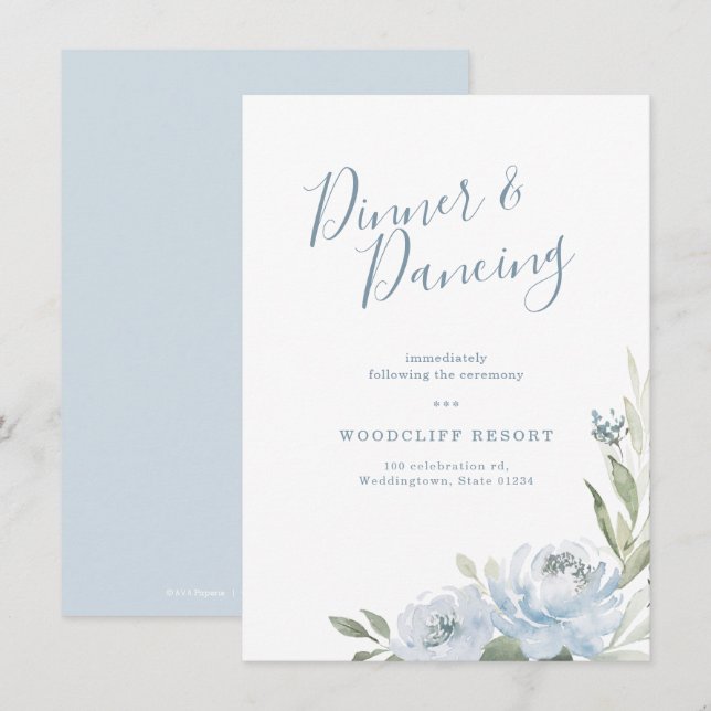 Invitación Romántico jardín polvoriento recepción floral azul (Anverso / Reverso)