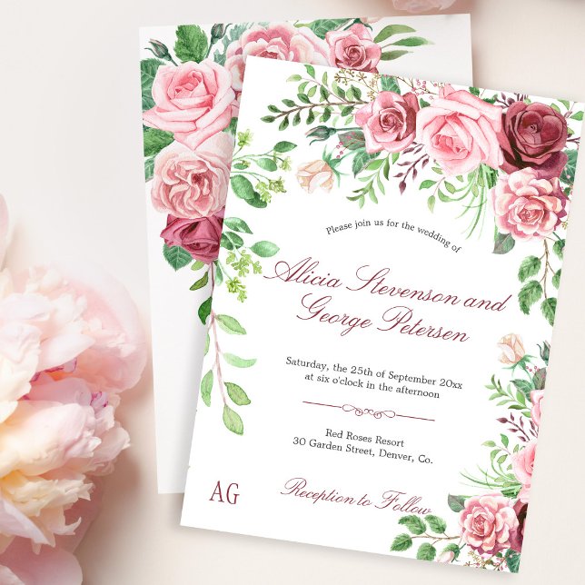 Invitación Romántico Jardín Rubor Roses rosados Boda Monogram (Subido por el creador)