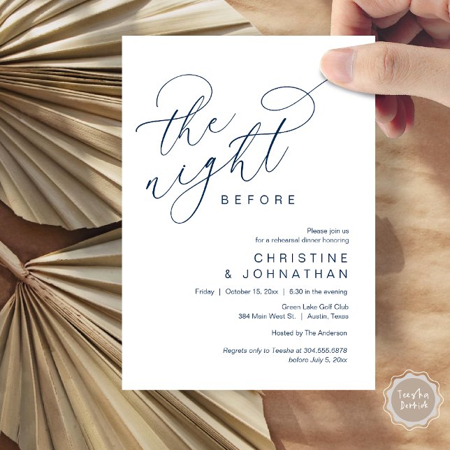Invitación Romántico La Noche Antes Del Ensayo Del Boda (Romantic The Night Before Wedding Rehearsal Dinner Party Invitation Card, in Classy Navy Blue)