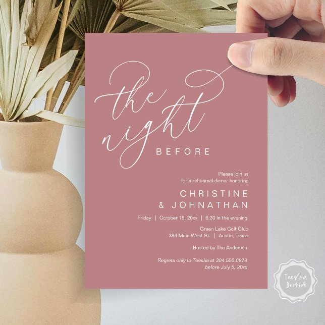 Invitación Romántico La Noche Antes Del Ensayo Del Boda (Romantic The Night Before Wedding Rehearsal Dinner Party Invitation Card, in Dusty Rose Pink)