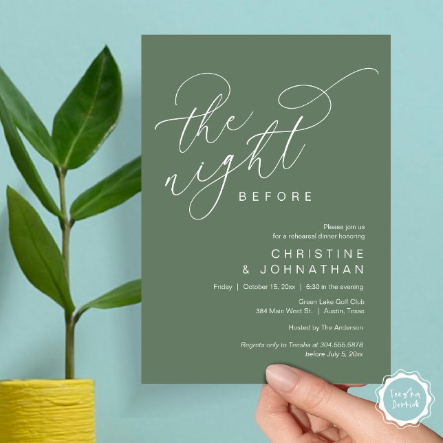 Invitación Romántico La Noche Antes Del Ensayo Del Boda (Romantic The Night Before Wedding Rehearsal Dinner Party Invitation Card, in Forest Sage Green)