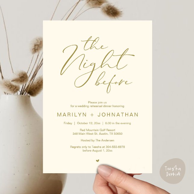 Invitación Romántico La Noche Antes Del Ensayo Del Boda (Romantic The Night Before Modern Wedding Rehearsal Dinner Invitation Card PDF Aesthetic Yellow Gold)