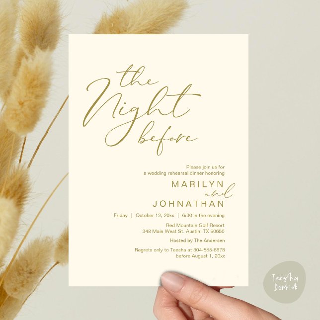 Invitación Romántico La Noche Antes Del Ensayo Del Boda (Romantic The Night Before Modern Wedding Rehearsal Dinner Invitation Card PDF Aesthetic Yellow Gold)