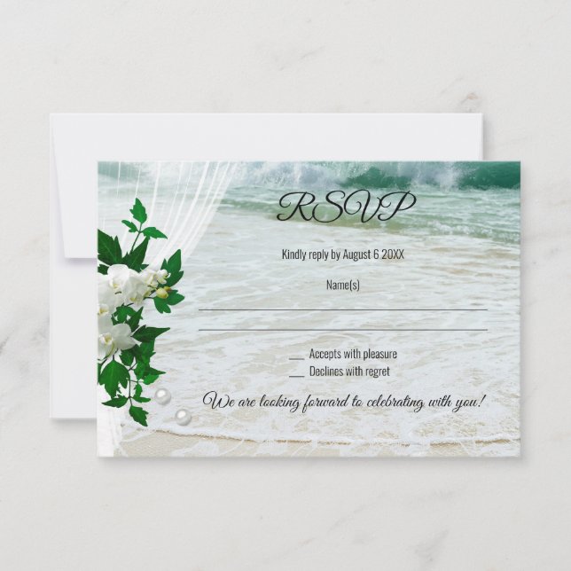 Invitación Romántico Lace Pearls Orchid Beach Wedding RSVP (Anverso)