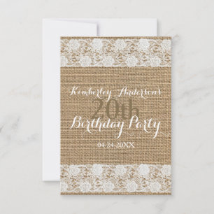 Invitación Romántico Lace y Burlap 20° Partido de Cumpleaños