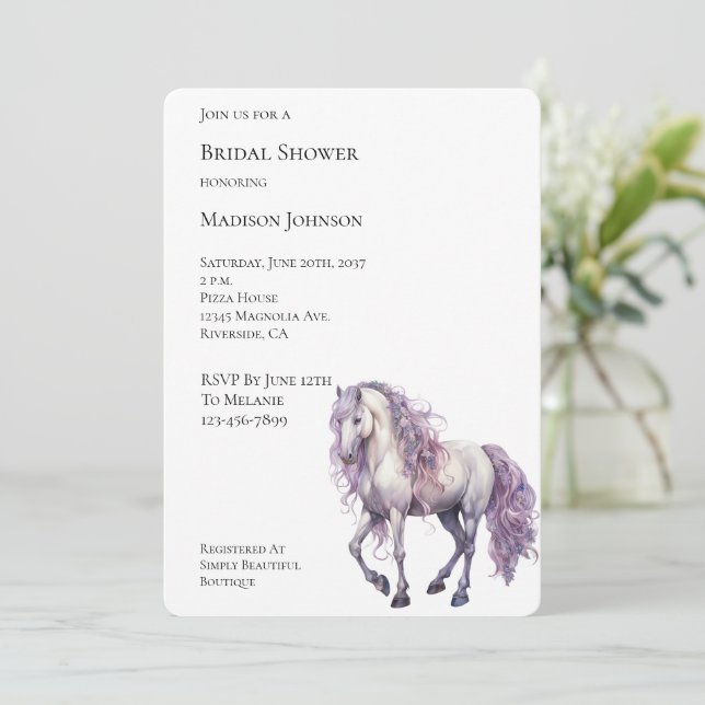 Invitación Romántico Lavanda Caballo Blanco Ducha de novia (Anverso de pie)