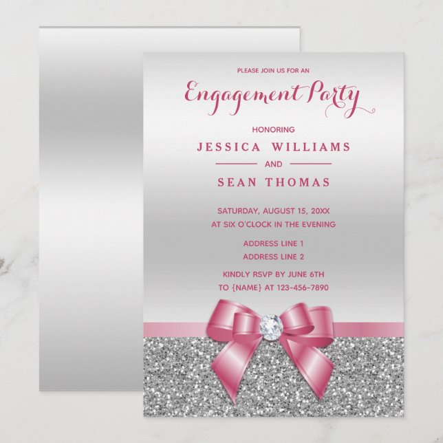 Invitación Romántico lazo rosa, compromiso con brillo platead (Anverso / Reverso)