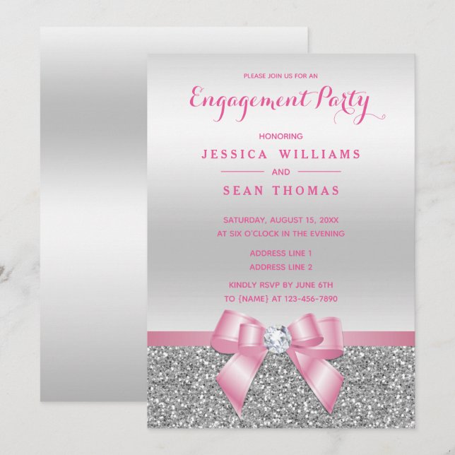 Invitación Romántico lazo rosa y compromiso con brillo de pla (Anverso / Reverso)