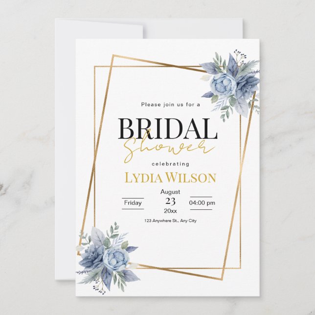 Invitación Romántico marco dorado Floral Bridal Shower mínimo (Anverso)