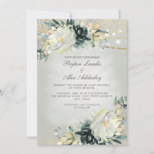 Invitación Romántico marfil azul agua fuerte floral verde sal