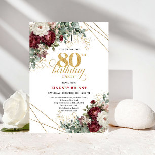 Invitación Romántico Marsala Eucalipto Cumpleaños 80