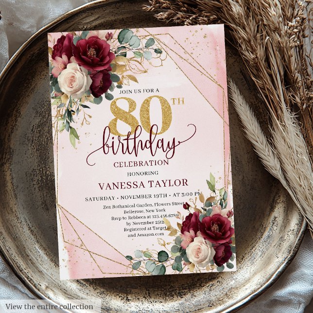 Invitación Romántico Marsala Rubor Gold Flowers 80th Birthday (Romantic Marsala Blush Gold Flowers 80th Birthday Invitation)