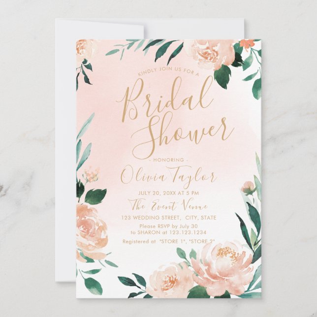 Invitación Romántico melocotón floral Bridal Ducha (Anverso)