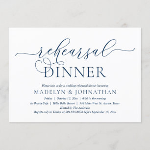Invitación Romántico Moderno, Cena de Ensayo Azul Marino con 