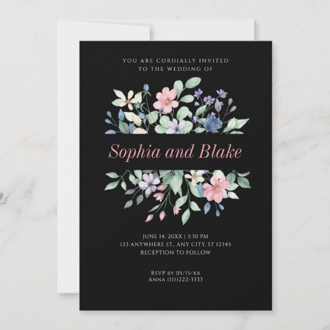 Invitación Romántico moderno Flores salvajes Boda negro (Anverso)