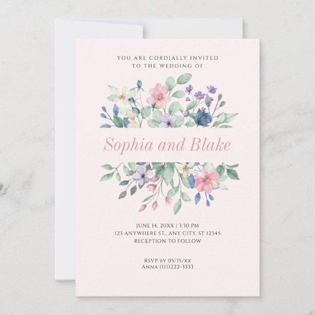 Invitación Romántico moderno Flores silvestres Boda rosa páli (Anverso)