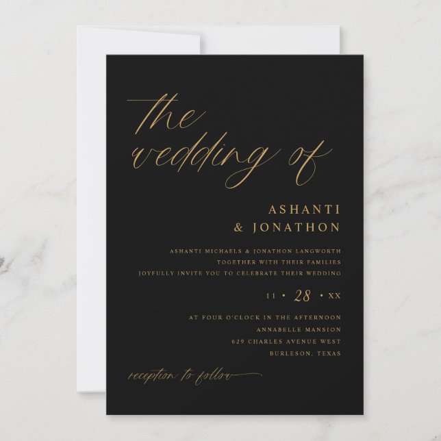 Invitación Romántico moderno negro y Boda de oro (Anverso)