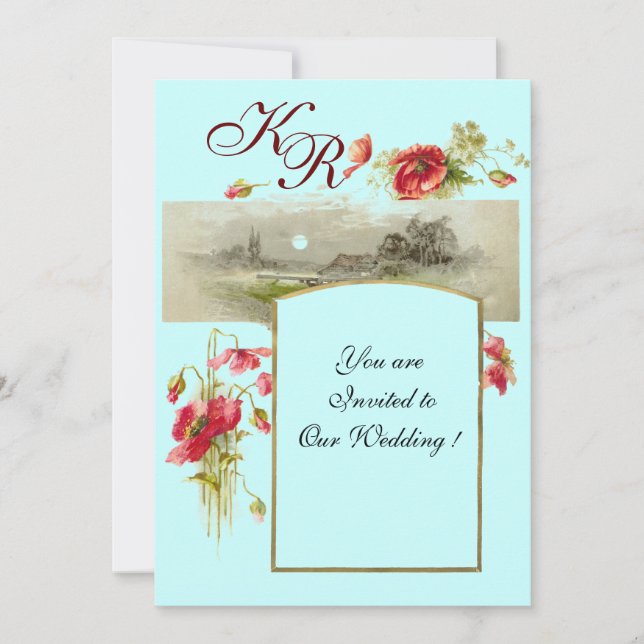 Invitación ROMÁNTICO MONOGRAMA / AMAPOLAS,rojo,verde, azul (Anverso)