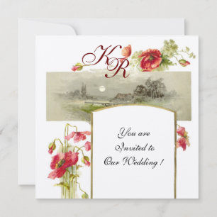 Invitación ROMÁNTICO MONOGRAMA / AMAPOLAS,rojo,verde blanco