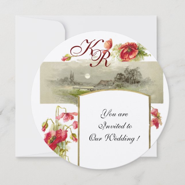 Invitación ROMÁNTICO MONOGRAMA / AMAPOLAS,rojo,verde,champagn (Anverso)