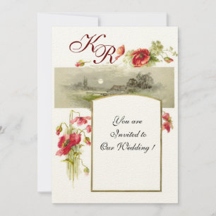 Invitación ROMÁNTICO MONOGRAMA / AMAPOLAS,rojo,verde,fieltro