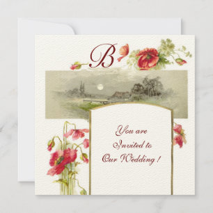 Invitación ROMÁNTICO MONOGRAMA / AMAPOLAS,rojo,verde,fieltro 