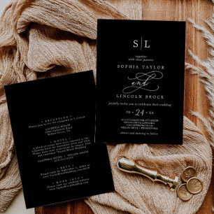 Invitación Romántico   Monograma negro oscuro todo en un Boda