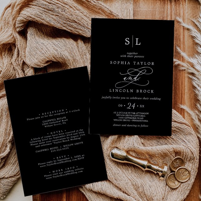 Invitación Romántico | Monograma negro oscuro todo en un Boda (Subido por el creador)