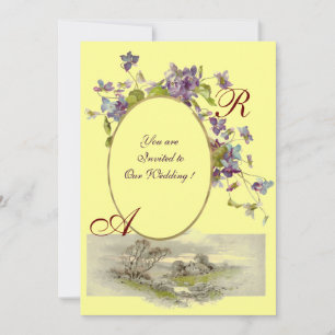Invitación ROMÁNTICO MONOGRAMA / VIOLETAS, verde púrpura, ama