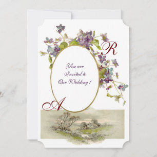 Invitación ROMÁNTICO MONOGRAMA / VIOLETAS, verde púrpura, bla
