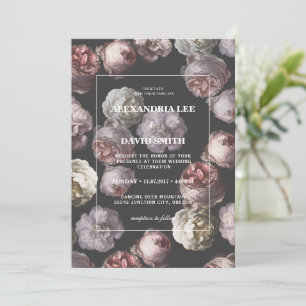 Invitación Romántico Moody Delicate Boda Floral Negra Oscura