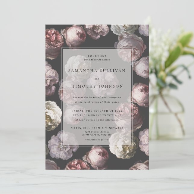 Invitación Romántico Moody Delicate Boda Floral Negra Oscura (Anverso de pie)