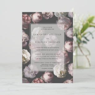 Invitación Romántico Moody Delicate Boda Floral Negra Oscura