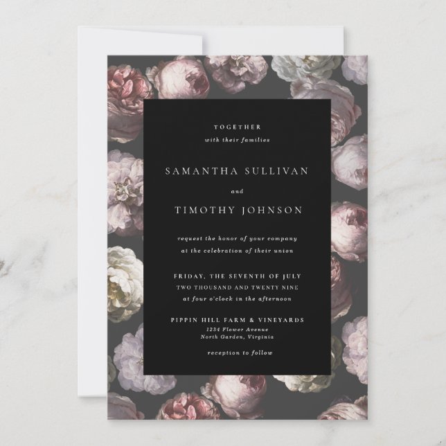 Invitación Romántico Moody Delicate Boda Floral Negra Oscura (Anverso)