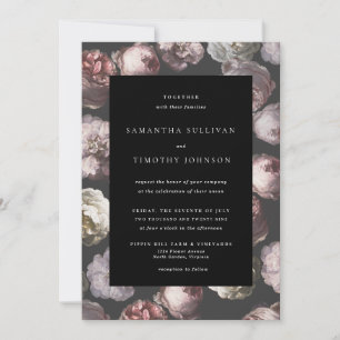 Invitación Romántico Moody Delicate Boda Floral Negra Oscura