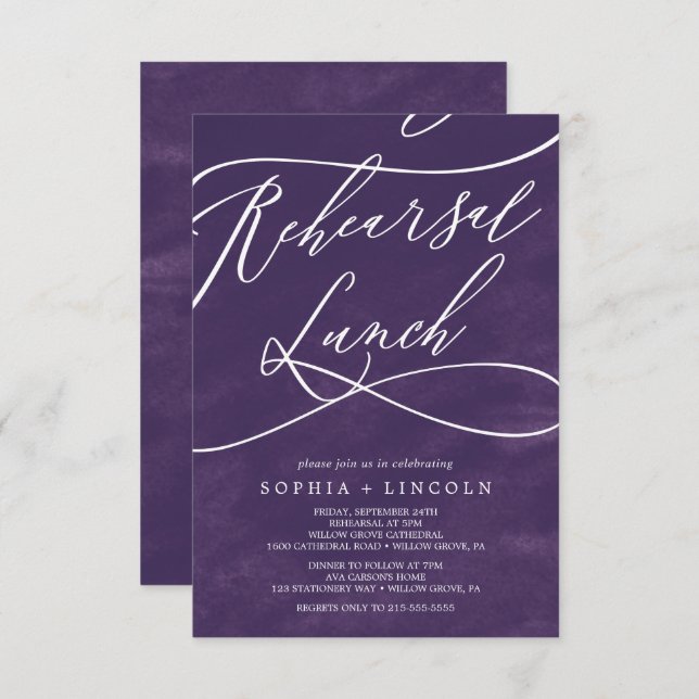 Invitación Romántico Morado Acuarela Ensayo Almuerzo (Anverso / Reverso)