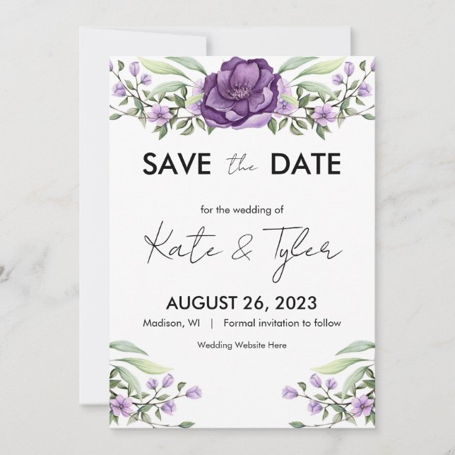 Invitación Romántico morado floral y verde salva la fecha (Anverso)