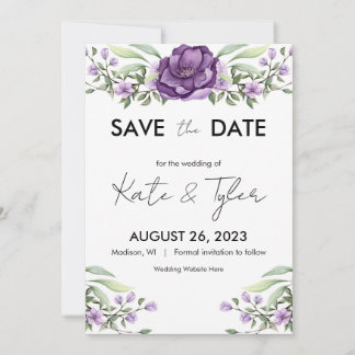 Invitación Romántico morado floral y verde salva la fecha